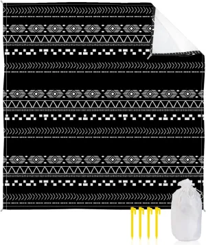 Beach Blanket Sandproof, MId Century Retro Lines Hand Drawn Black Waterproof Beach Mat Lightweight Quick Drying Picnic Blanket Beach Essentials for Travel Camping Hiking 83x79in