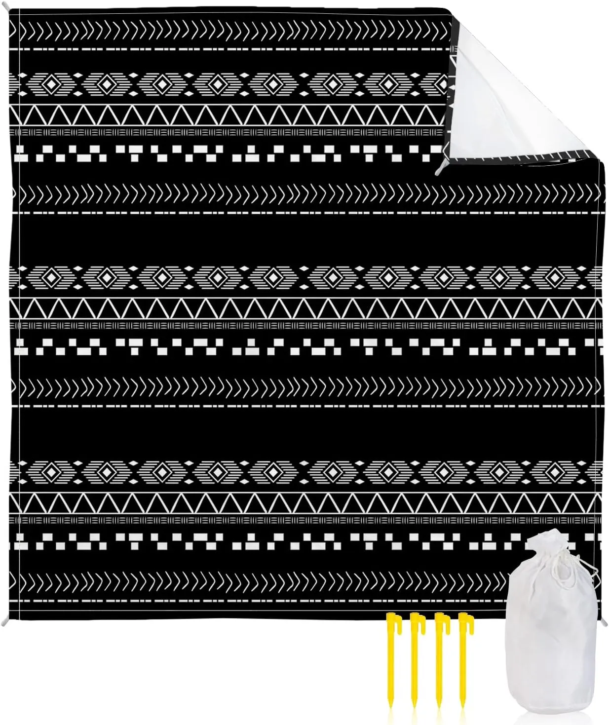 Beach Blanket Sandproof, MId Century Retro Lines Hand Drawn Black Waterproof Beach Mat Lightweight Quick Drying Picnic Blanket Beach Essentials for Travel Camping Hiking 83x79in