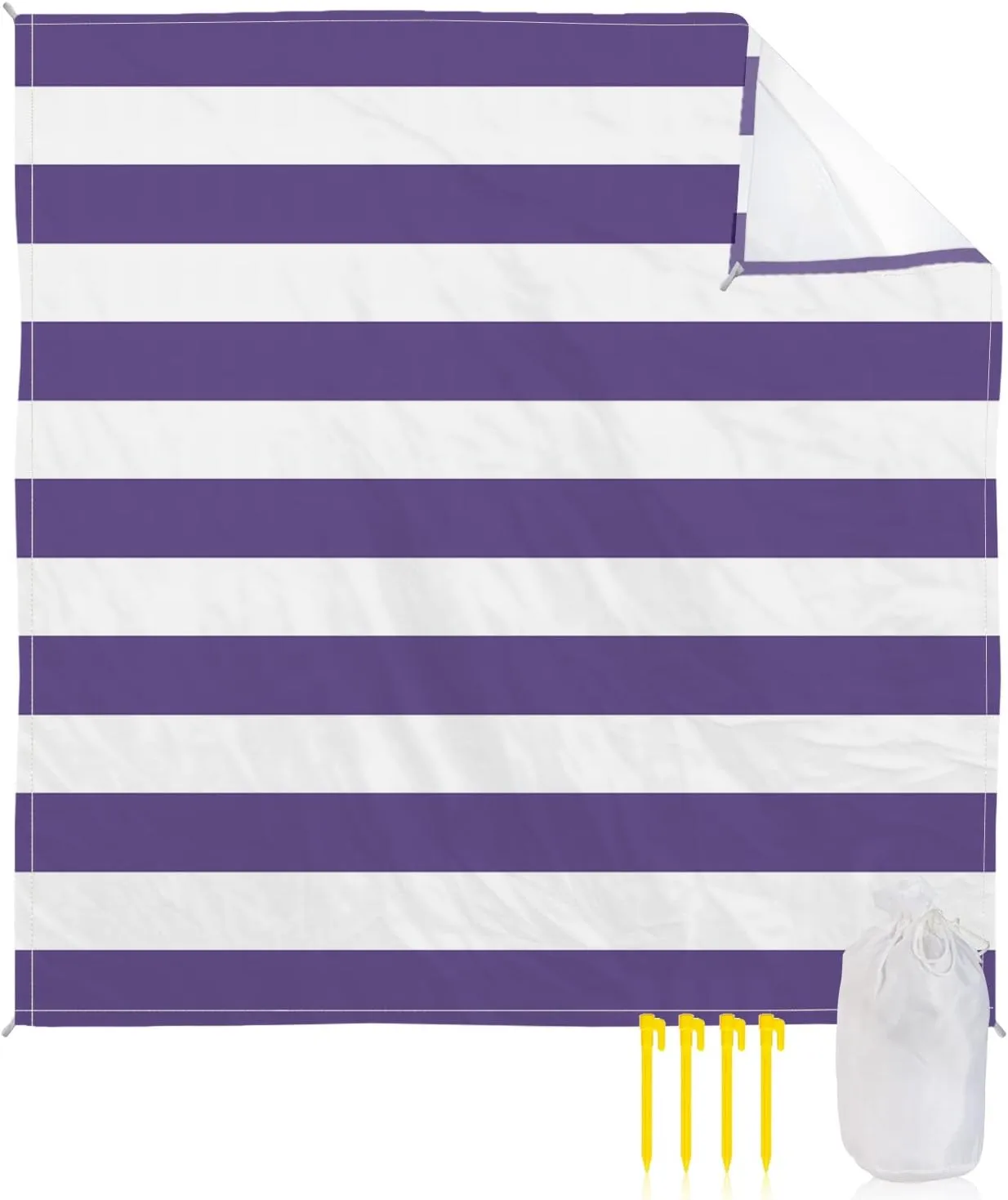 Beach Blanket Sandproof, Purple and White Stripes Waterproof Beach Mat Lightweight Quick Drying Picnic Blanket Beach Essentials for Travel Camping Hiking 108x84in