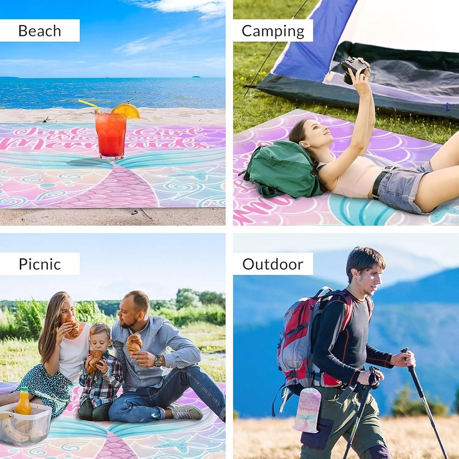 Beach Blanket Sandproof - Waterproof Pink Picnic Blanket - 110”x118” Mermaid Beach Mat - Lightweight Sand Free Mat with 4 Corner Pockets & 4 Stakes - Foldable Picnic Mat for Camping & Travel