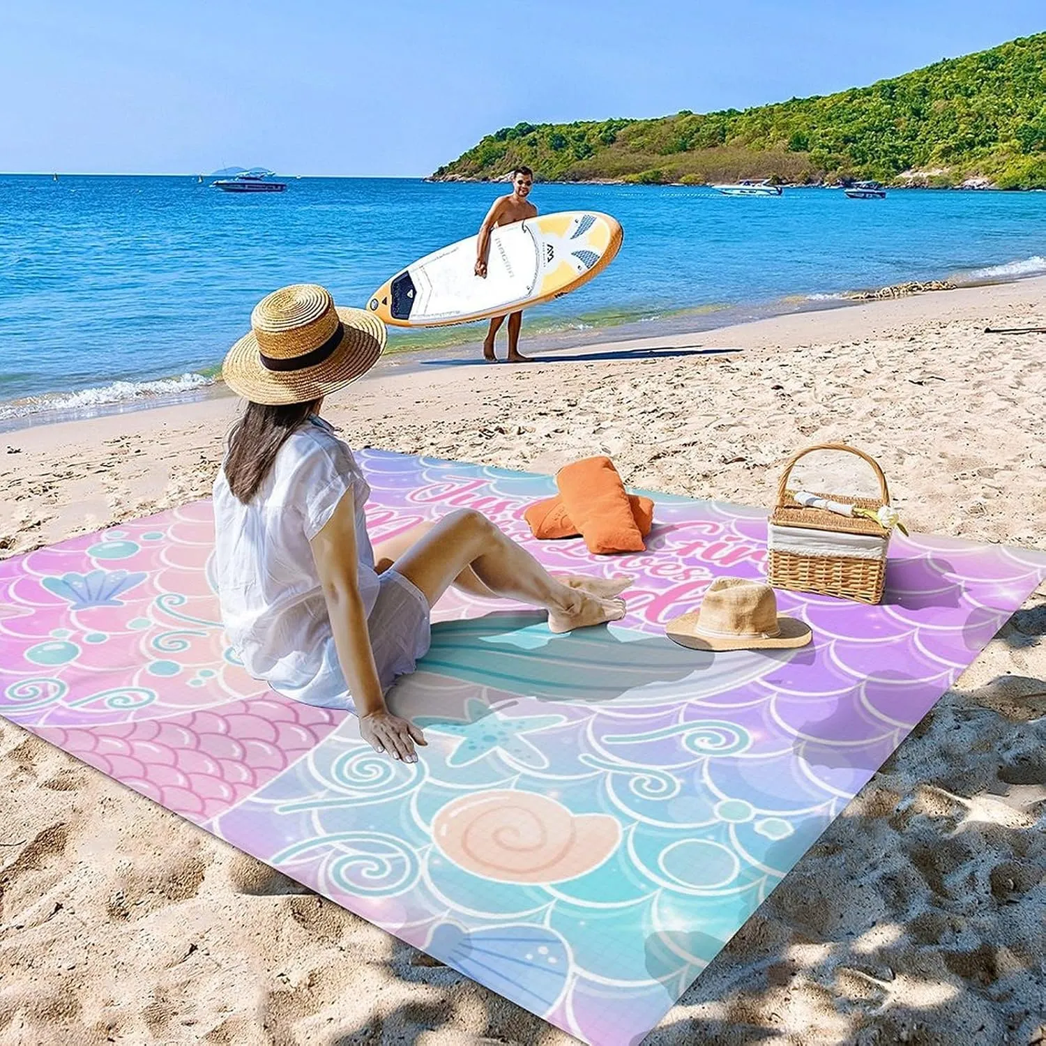 Beach Blanket Sandproof - Waterproof Pink Picnic Blanket - 110”x118” Mermaid Beach Mat - Lightweight Sand Free Mat with 4 Corner Pockets & 4 Stakes - Foldable Picnic Mat for Camping & Travel