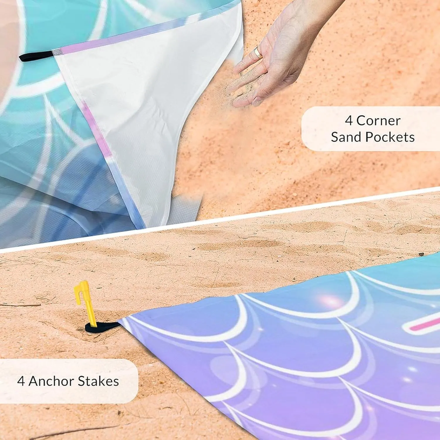 Beach Blanket Sandproof - Waterproof Pink Picnic Blanket - 110”x118” Mermaid Beach Mat - Lightweight Sand Free Mat with 4 Corner Pockets & 4 Stakes - Foldable Picnic Mat for Camping & Travel
