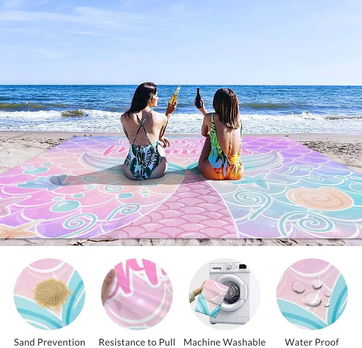 Beach Blanket Sandproof - Waterproof Pink Picnic Blanket - 110”x118” Mermaid Beach Mat - Lightweight Sand Free Mat with 4 Corner Pockets & 4 Stakes - Foldable Picnic Mat for Camping & Travel