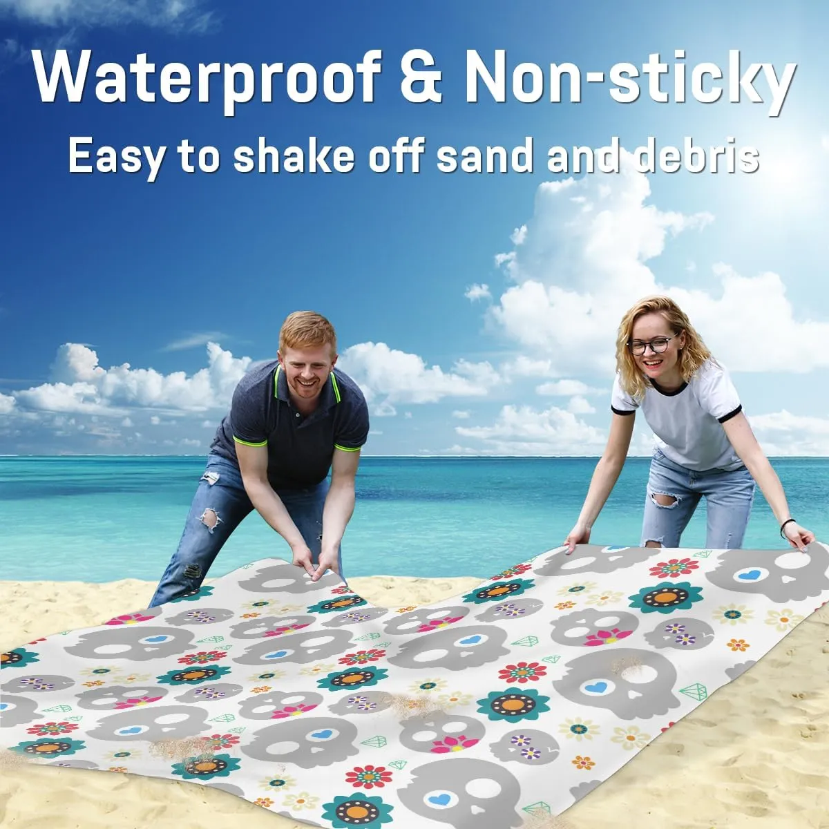 Beach Blanket, Skull Design Sandproof Beach Mat, Waterproof Quick Drying Sand Free Mat with 4 x Ground Spikes for Outdoor Travel Camping Hiking, Skeleton Funny Skull 68 x 59 in