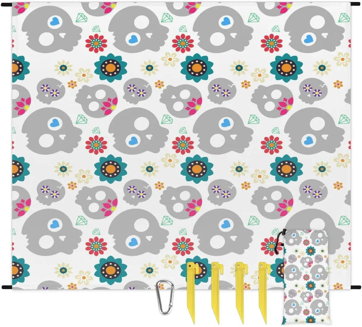 Beach Blanket, Skull Design Sandproof Beach Mat, Waterproof Quick Drying Sand Free Mat with 4 x Ground Spikes for Outdoor Travel Camping Hiking, Skeleton Funny Skull 68 x 59 in