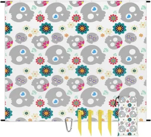 Beach Blanket, Skull Design Sandproof Beach Mat, Waterproof Quick Drying Sand Free Mat with 4 x Ground Spikes for Outdoor Travel Camping Hiking, Skeleton Funny Skull 68 x 59 in