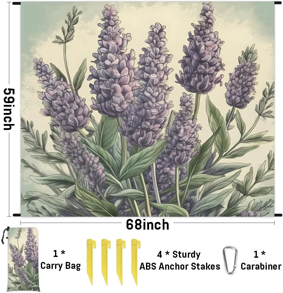 Beach Blanket, Spring Lavender Sandproof Beach Mat, Waterproof Quick Drying Sand Free Mat with 4 x Ground Spikes for Outdoor Travel Camping Hiking, Lavender 68 x 59 in