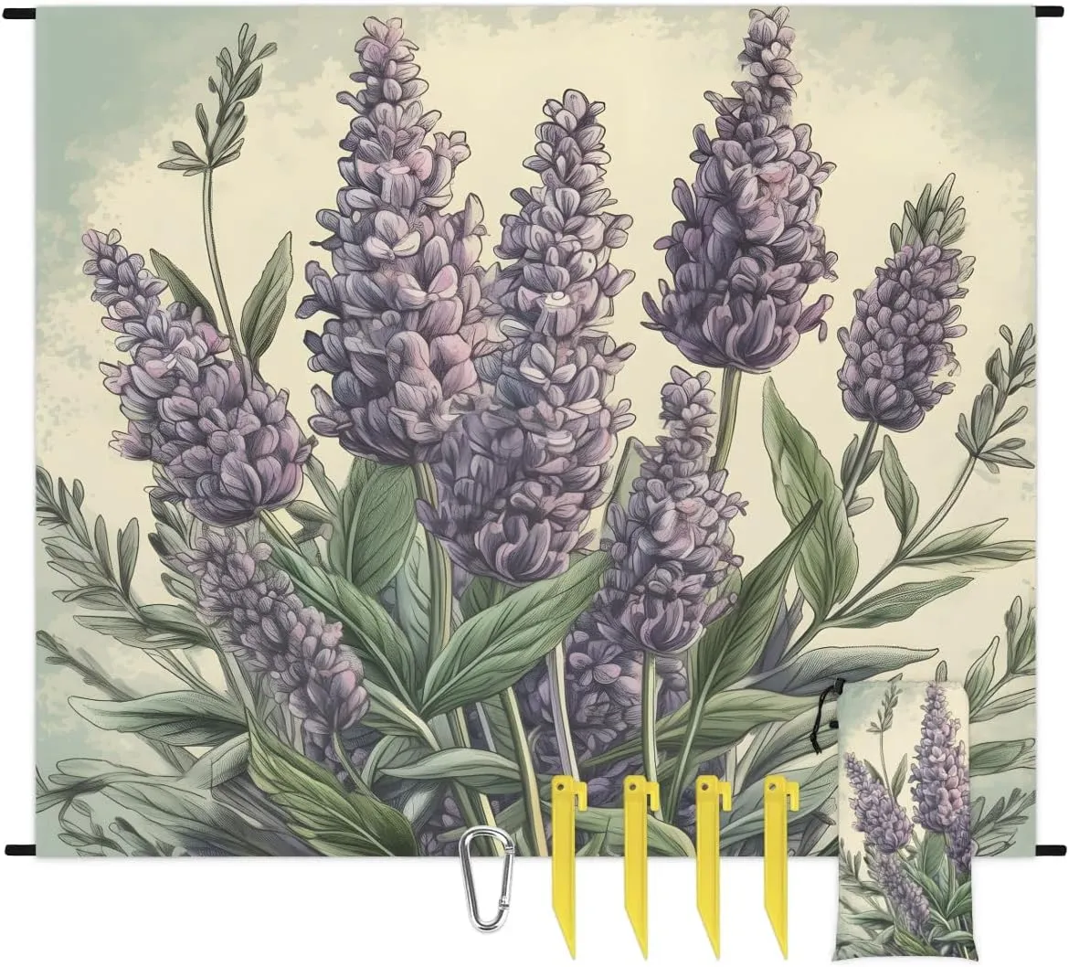 Beach Blanket, Spring Lavender Sandproof Beach Mat, Waterproof Quick Drying Sand Free Mat with 4 x Ground Spikes for Outdoor Travel Camping Hiking, Lavender 68 x 59 in