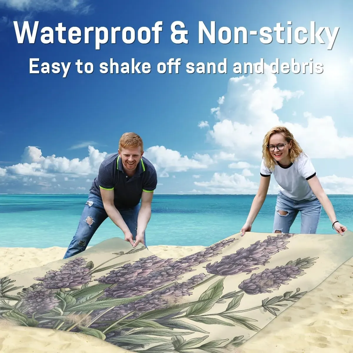 Beach Blanket, Spring Lavender Sandproof Beach Mat, Waterproof Quick Drying Sand Free Mat with 4 x Ground Spikes for Outdoor Travel Camping Hiking, Lavender 68 x 59 in
