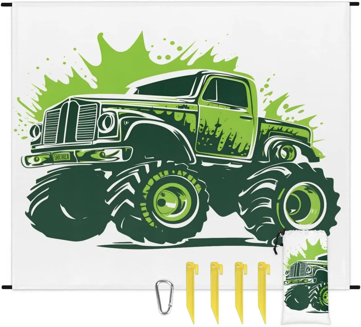 Beach Blanket, Truck Car Sandproof Beach Mat, Waterproof Quick Drying Sand Free Mat with 4 x Ground Spikes for Outdoor Travel Camping Hiking, Monster Truck 68 x 59 in