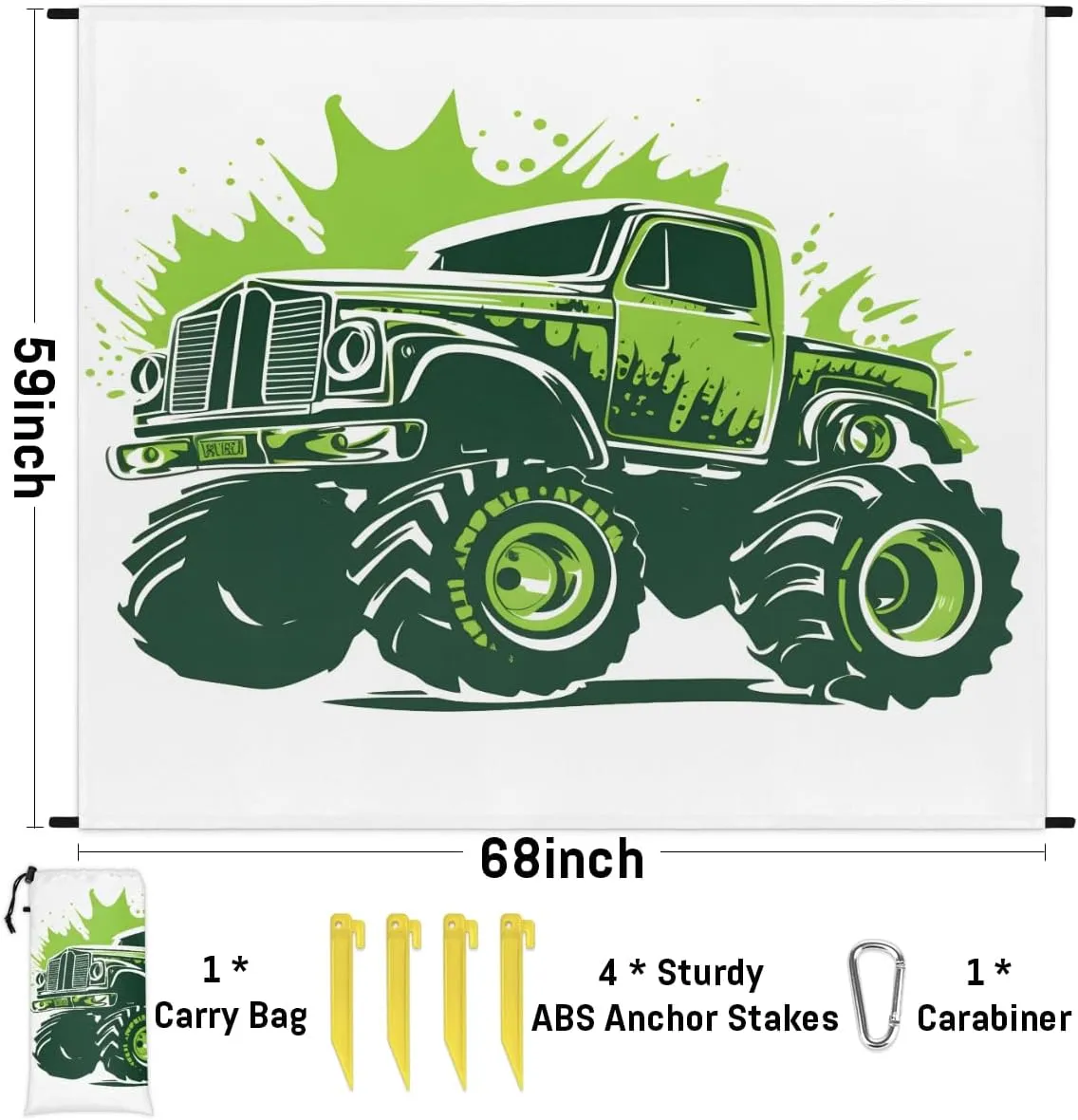 Beach Blanket, Truck Car Sandproof Beach Mat, Waterproof Quick Drying Sand Free Mat with 4 x Ground Spikes for Outdoor Travel Camping Hiking, Monster Truck 68 x 59 in
