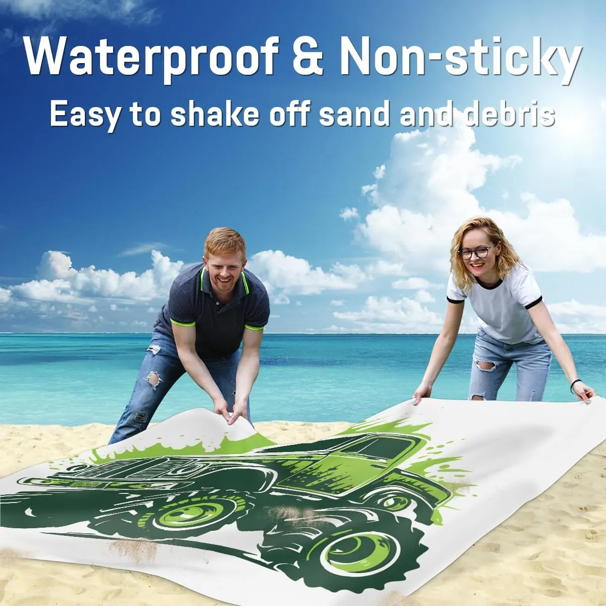 Beach Blanket, Truck Car Sandproof Beach Mat, Waterproof Quick Drying Sand Free Mat with 4 x Ground Spikes for Outdoor Travel Camping Hiking, Monster Truck 68 x 59 in