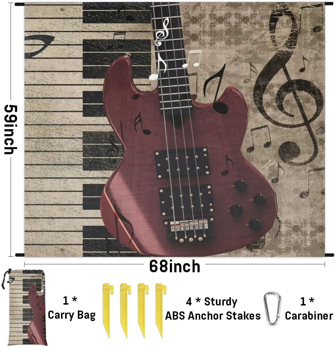 Beach Blanket, Vintage Guitar Sandproof Beach Mat, Waterproof Quick Drying Sand Free Mat with 4 x Ground Spikes for Outdoor Travel Camping Hiking, Music Piano 68 x 59 in