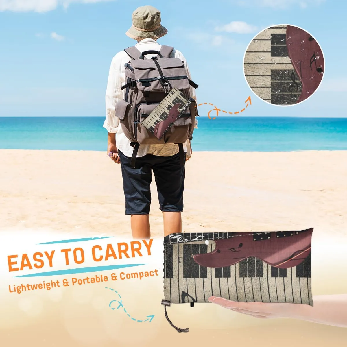 Beach Blanket, Vintage Guitar Sandproof Beach Mat, Waterproof Quick Drying Sand Free Mat with 4 x Ground Spikes for Outdoor Travel Camping Hiking, Music Piano 68 x 59 in