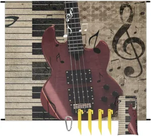 Beach Blanket, Vintage Guitar Sandproof Beach Mat, Waterproof Quick Drying Sand Free Mat with 4 x Ground Spikes for Outdoor Travel Camping Hiking, Music Piano 68 x 59 in