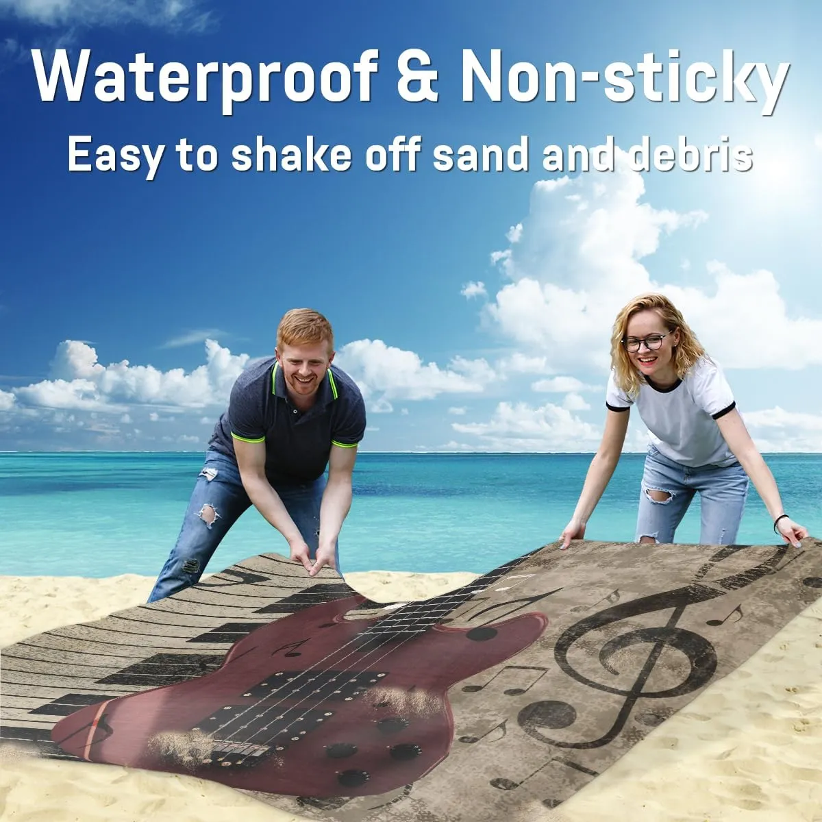 Beach Blanket, Vintage Guitar Sandproof Beach Mat, Waterproof Quick Drying Sand Free Mat with 4 x Ground Spikes for Outdoor Travel Camping Hiking, Music Piano 68 x 59 in