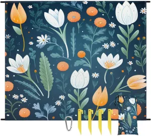Beach Blanket, Vintage Tulips Sandproof Beach Mat, Waterproof Quick Drying Sand Free Mat with 4 x Ground Spikes for Outdoor Travel Camping Hiking, Wildflowers 68 x 59 in