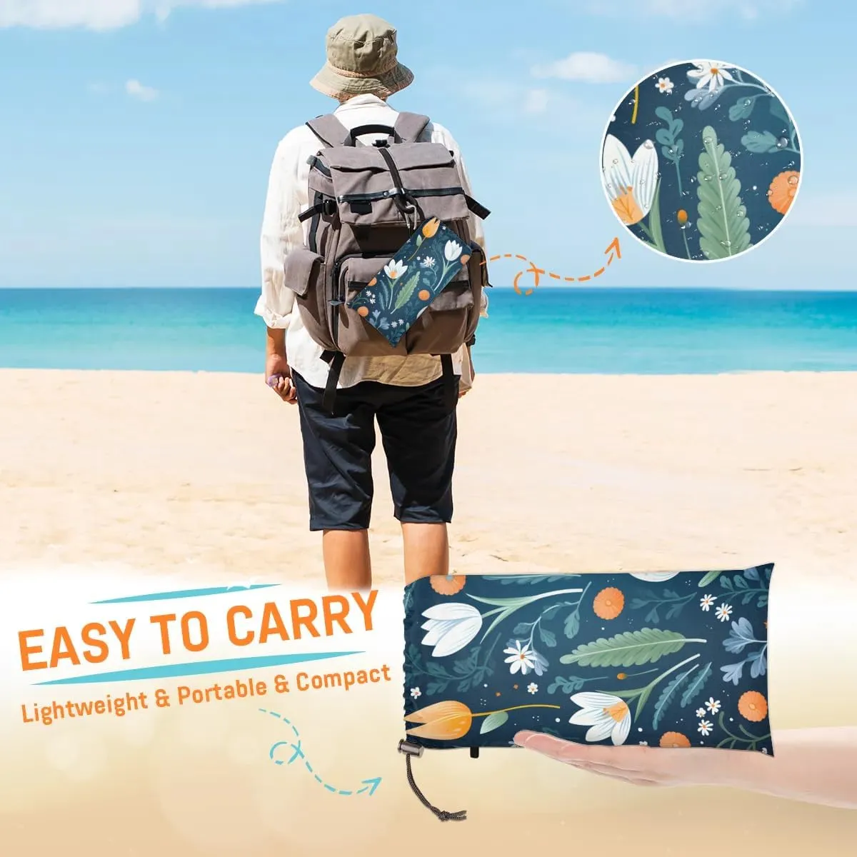 Beach Blanket, Vintage Tulips Sandproof Beach Mat, Waterproof Quick Drying Sand Free Mat with 4 x Ground Spikes for Outdoor Travel Camping Hiking, Wildflowers 68 x 59 in