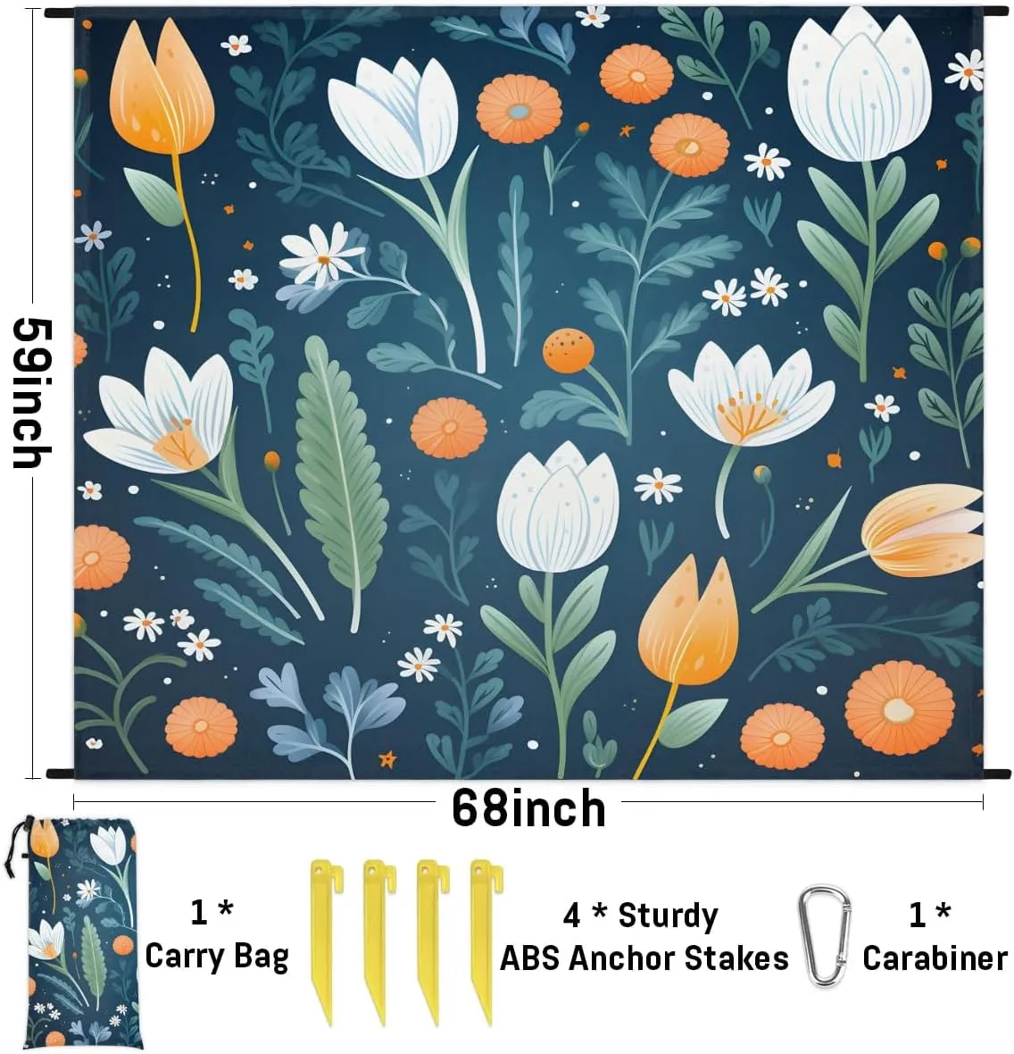 Beach Blanket, Vintage Tulips Sandproof Beach Mat, Waterproof Quick Drying Sand Free Mat with 4 x Ground Spikes for Outdoor Travel Camping Hiking, Wildflowers 68 x 59 in