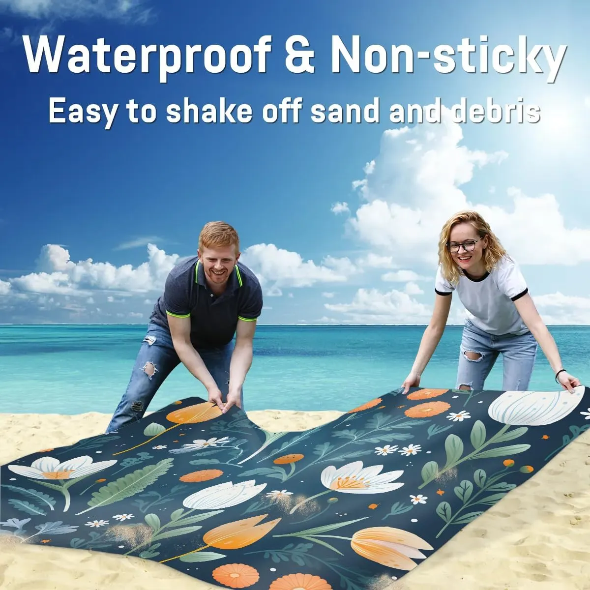 Beach Blanket, Vintage Tulips Sandproof Beach Mat, Waterproof Quick Drying Sand Free Mat with 4 x Ground Spikes for Outdoor Travel Camping Hiking, Wildflowers 68 x 59 in