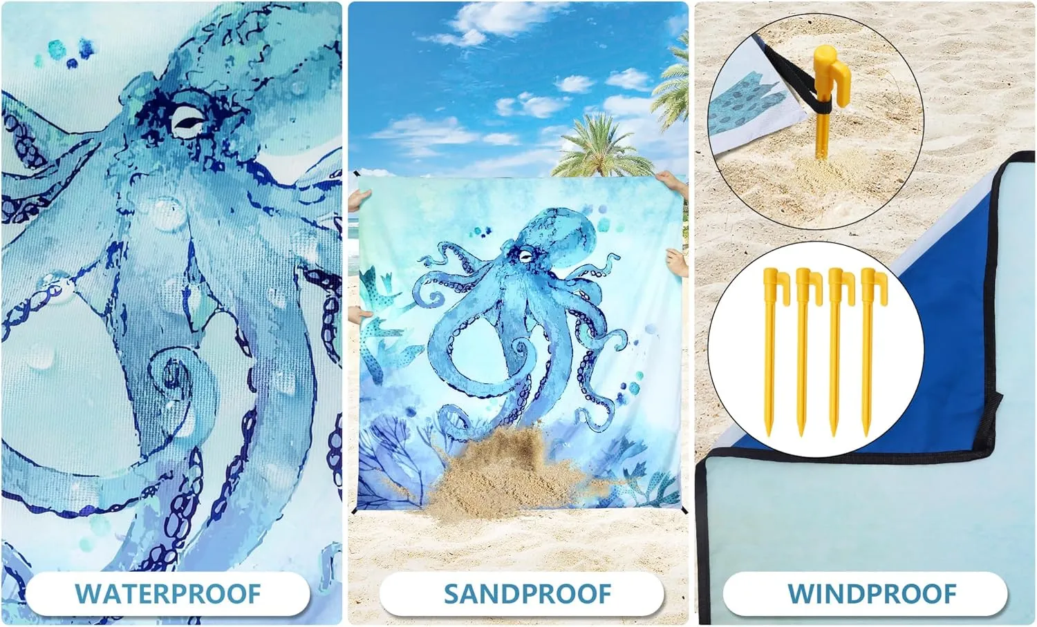 Beach Blanket, Wateresistant Sandproof Sand Free Beach Mat with Corner Pockets Portable Bag for Beach Festival,Picnic,Travel and Outdoor Camping Activties (BL-Octopus, 79"×83"(4 Person))