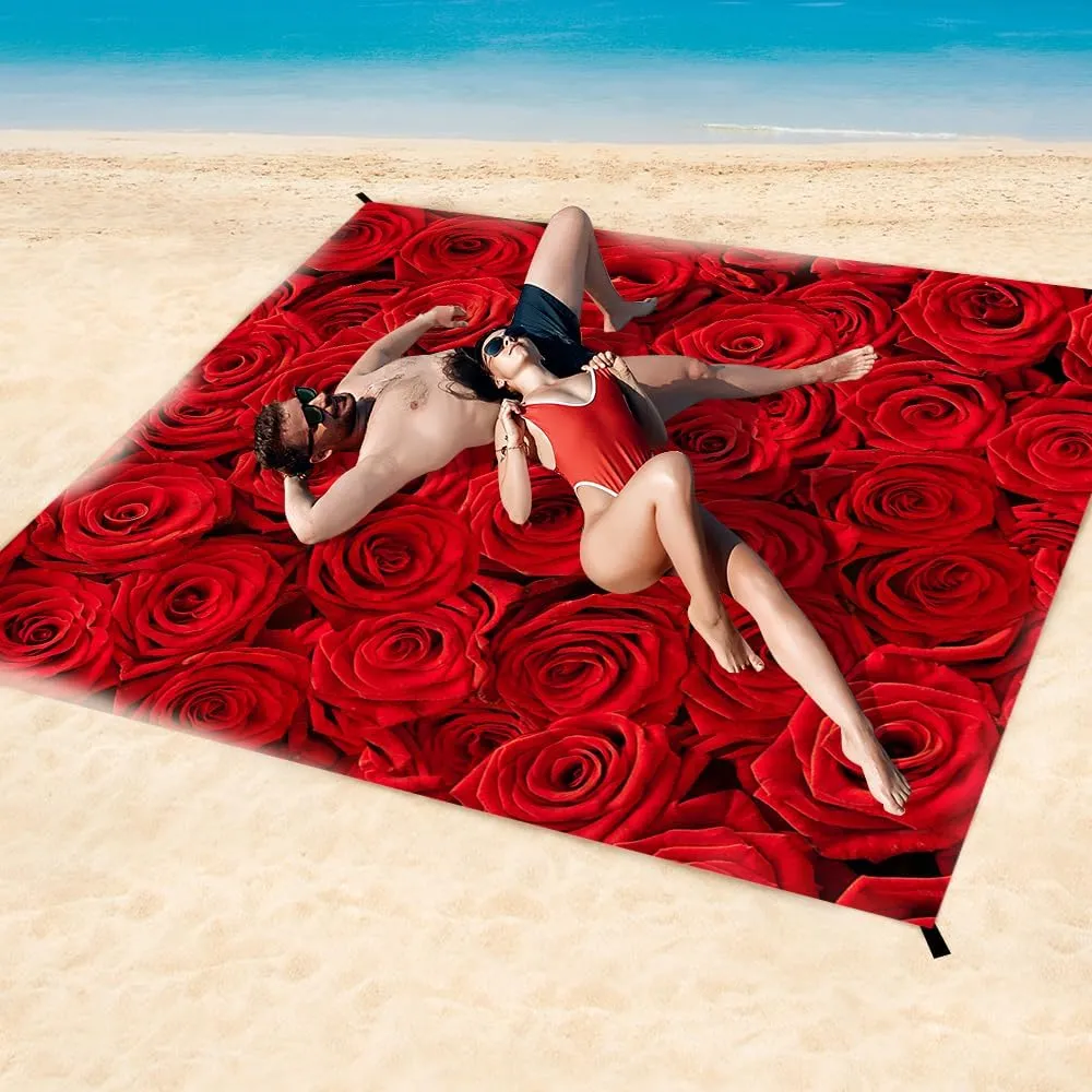 Beach Blanket Waterproof Sandproof Oversized Extra 110" * 118"/ 9 * 10 Ft for 1-8 Adults,Soft and Durable, Quick Drying Durable Outdoor Beach Mat,4 Stakes & 1 Travel Bag