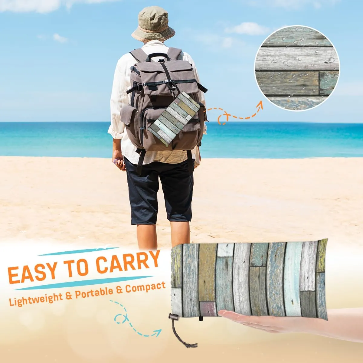 Beach Blanket, Wood Grain Sandproof Beach Mat, Waterproof Quick Drying Sand Free Mat with 4 x Ground Spikes for Outdoor Travel Camping Hiking, Wooden Print 68 x 59 in