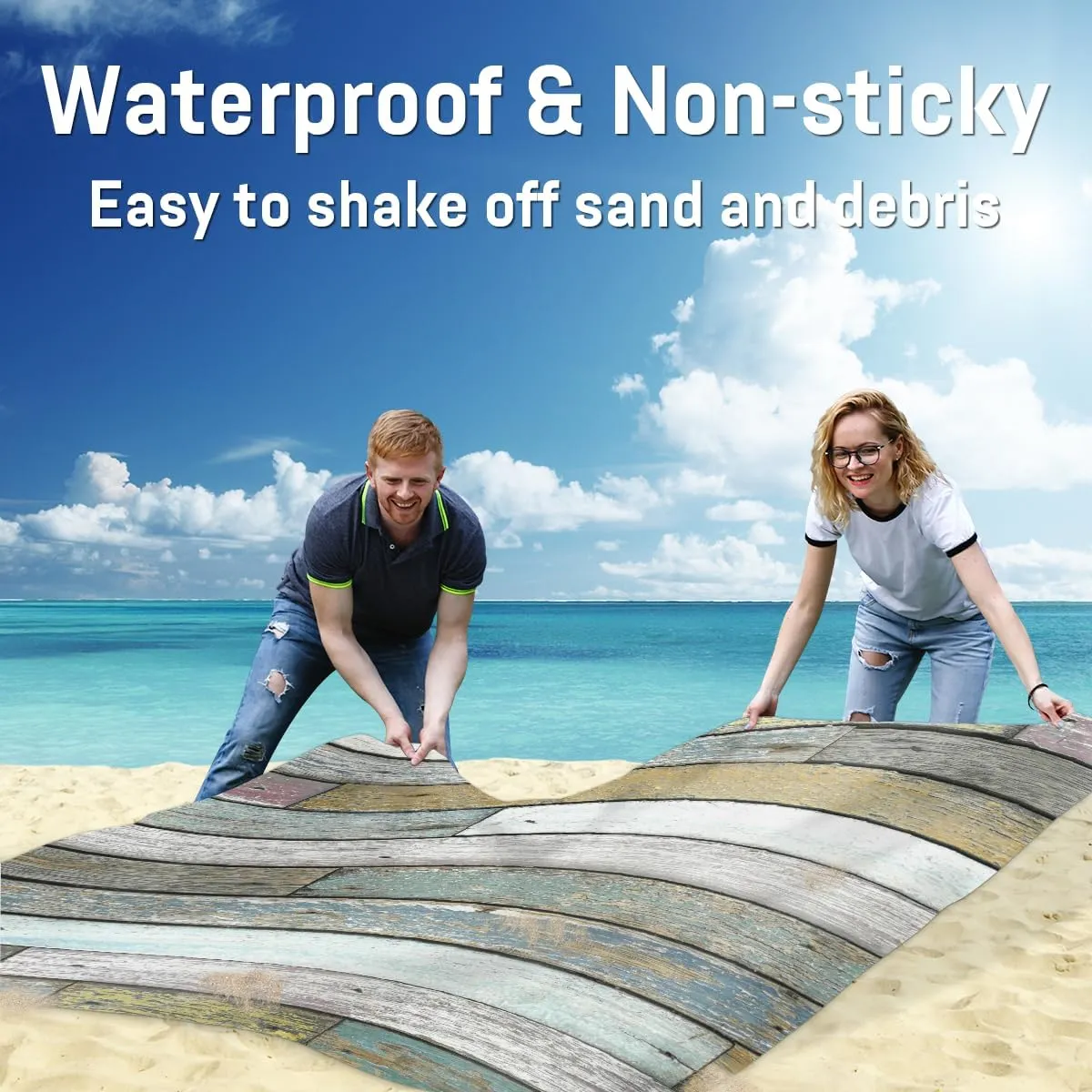 Beach Blanket, Wood Grain Sandproof Beach Mat, Waterproof Quick Drying Sand Free Mat with 4 x Ground Spikes for Outdoor Travel Camping Hiking, Wooden Print 68 x 59 in