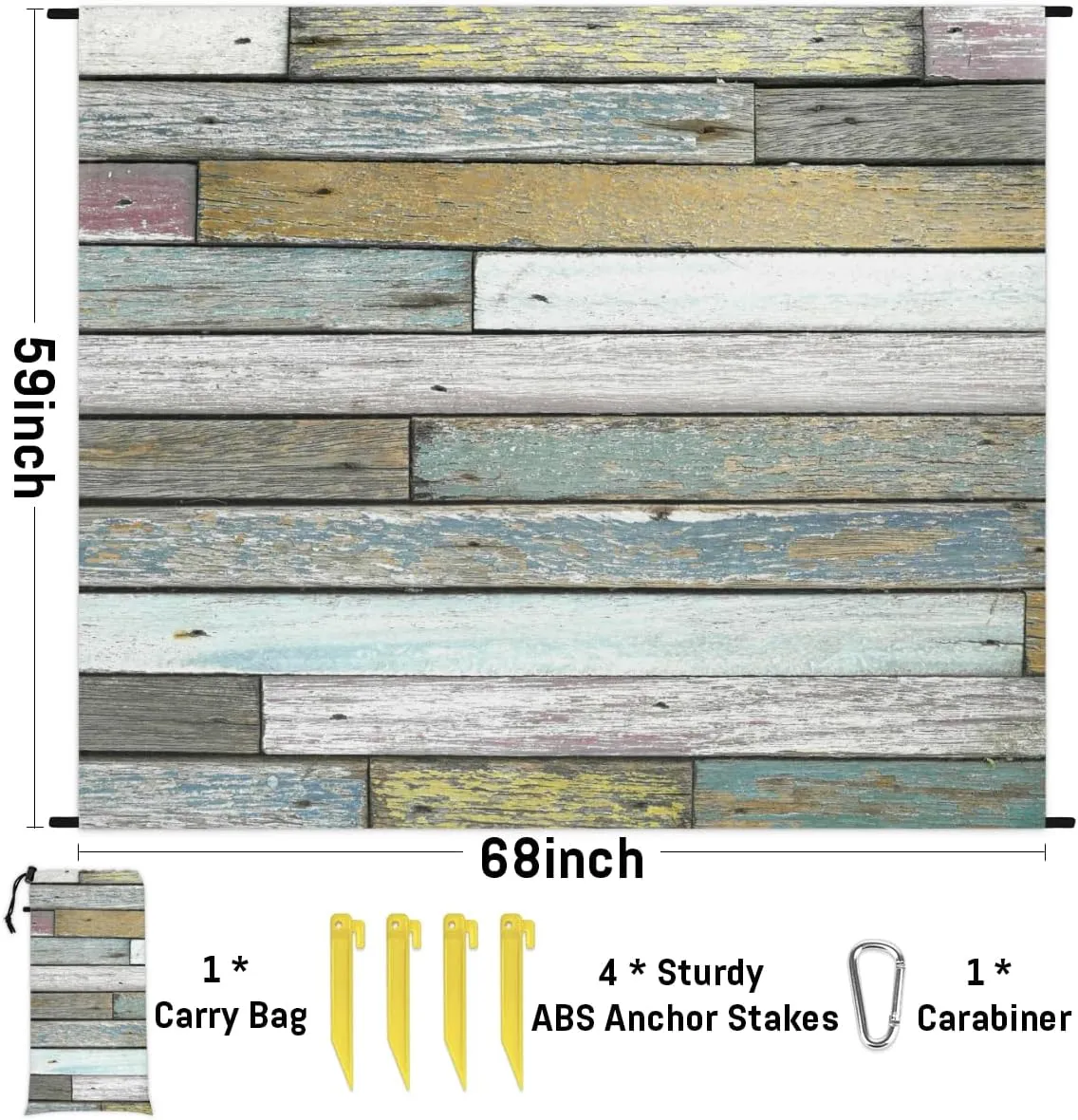 Beach Blanket, Wood Grain Sandproof Beach Mat, Waterproof Quick Drying Sand Free Mat with 4 x Ground Spikes for Outdoor Travel Camping Hiking, Wooden Print 68 x 59 in