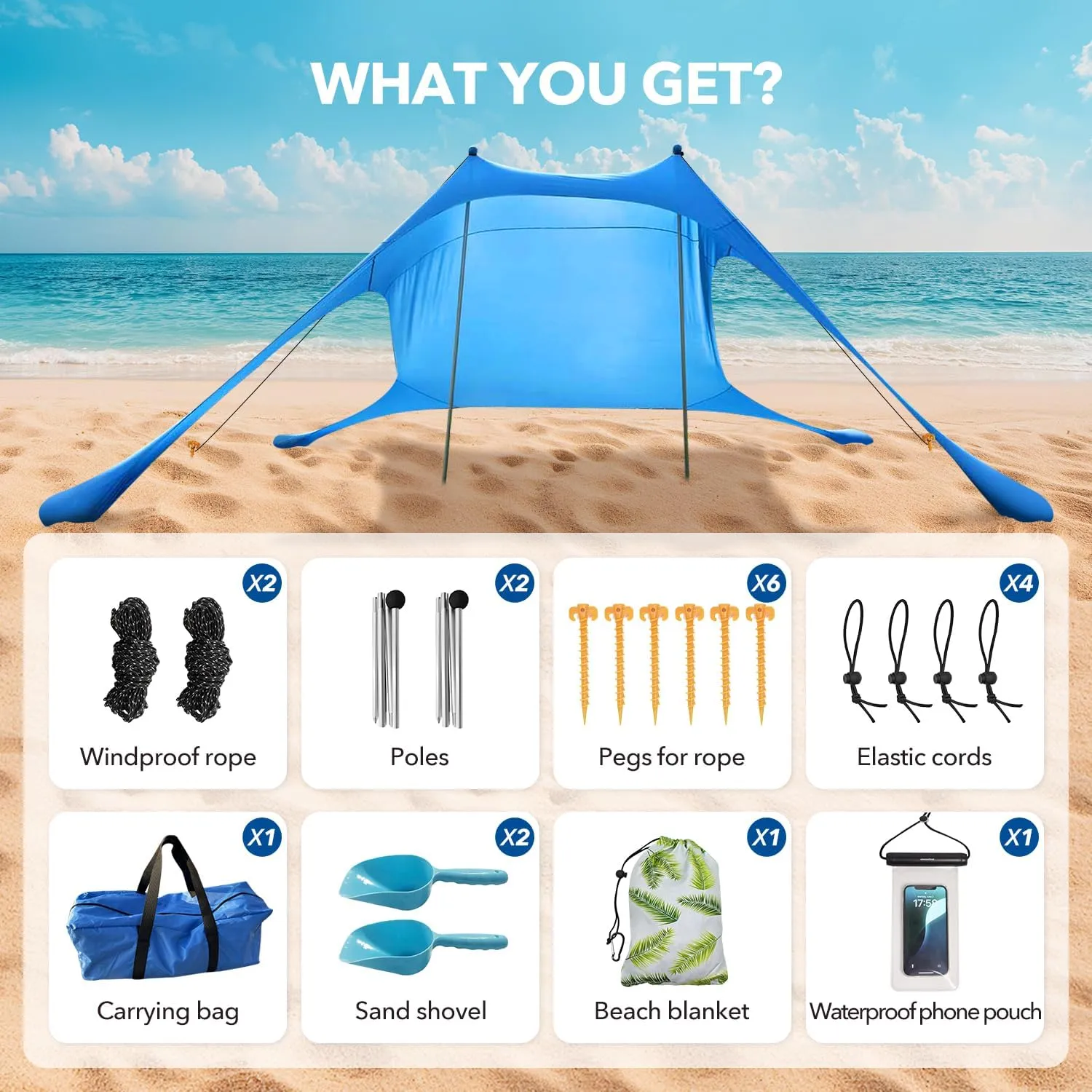 Beach Shade Canopy with Beach Blanket Phone Case Sun Shelter Umbrella with UPF50  Protection Portable 7X7Ft Camping Tents for Beach Outdoor Camping Backyard Picnics Easy to Set Up for Outdoor Camping
