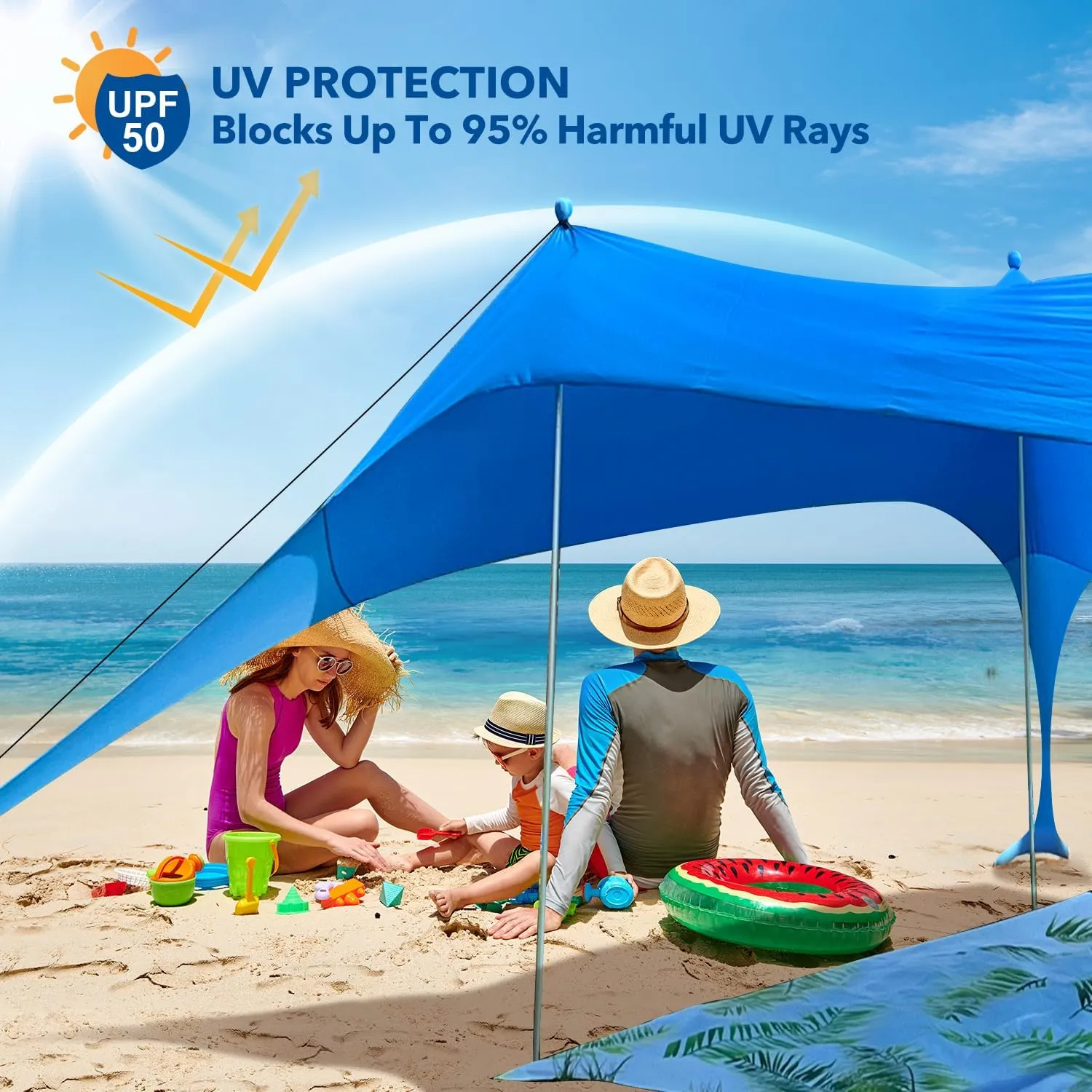 Beach Shade Canopy with Beach Blanket Phone Case Sun Shelter Umbrella with UPF50  Protection Portable 7X7Ft Camping Tents for Beach Outdoor Camping Backyard Picnics Easy to Set Up for Outdoor Camping