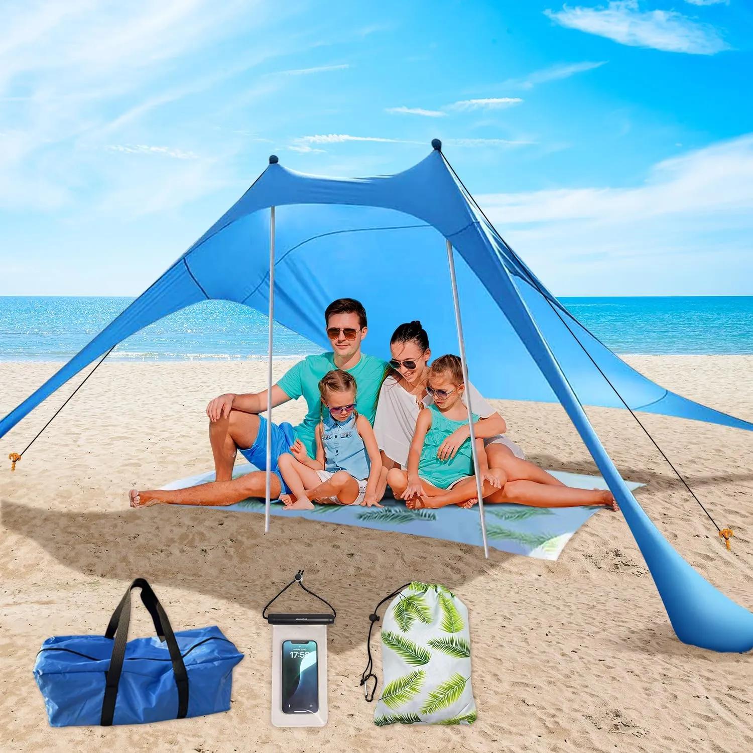 Beach Shade Canopy with Beach Blanket Phone Case Sun Shelter Umbrella with UPF50  Protection Portable 7X7Ft Camping Tents for Beach Outdoor Camping Backyard Picnics Easy to Set Up for Outdoor Camping