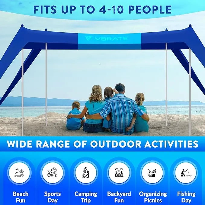 Beach Tent Sun Shelter - UPF50 Beach Canopy Portable Sun Shelter 4 Aluminum Poles, Ground Pegs, Sand Bags, Wind Ropes, Shovel, Bag - Camping, Picnic, Fishing, Backyard 10x10FT (Bicolor)