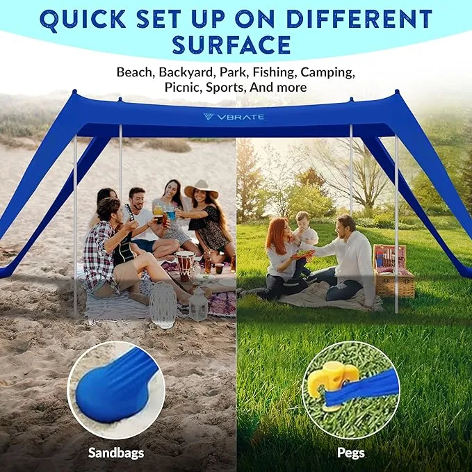 Beach Tent Sun Shelter - UPF50 Beach Canopy Portable Sun Shelter 4 Aluminum Poles, Ground Pegs, Sand Bags, Wind Ropes, Shovel, Bag - Camping, Picnic, Fishing, Backyard 10x10FT (Bicolor)
