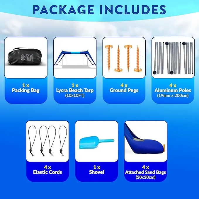 Beach Tent Sun Shelter - UPF50 Beach Canopy Portable Sun Shelter 4 Aluminum Poles, Ground Pegs, Sand Bags, Wind Ropes, Shovel, Bag for Camping, Picnic, Fishing, Backyard 10x10FT (Navy Blue)