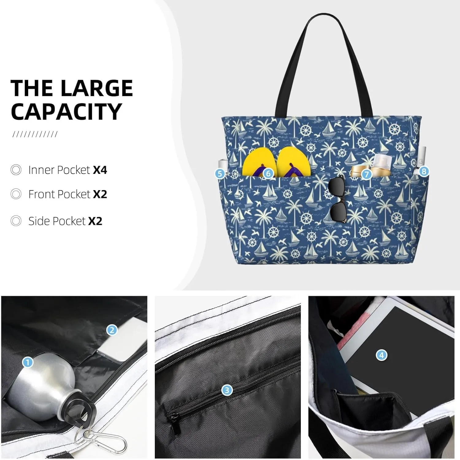 Beach Tote Pool Bag for Women Waterproof and Sand-proof Large Capacity with Zippers for Travel Vacation Gym