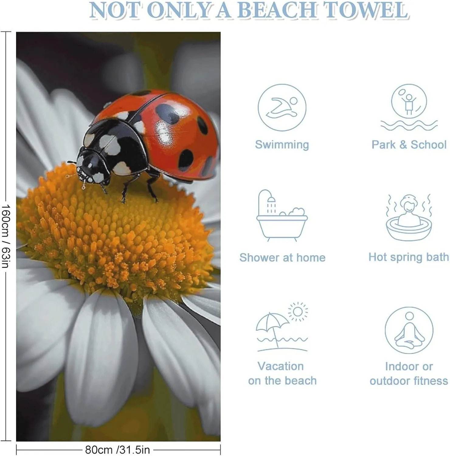 Beach Towel Ladybug Daisy Microfiber Bath Towels Quick Dry Towel for Swimmers Sand Proof Beach Towels Absorbent Bathroom Towel for Hotel Gym Spa Yoga Bath Towel 31.5"x63"