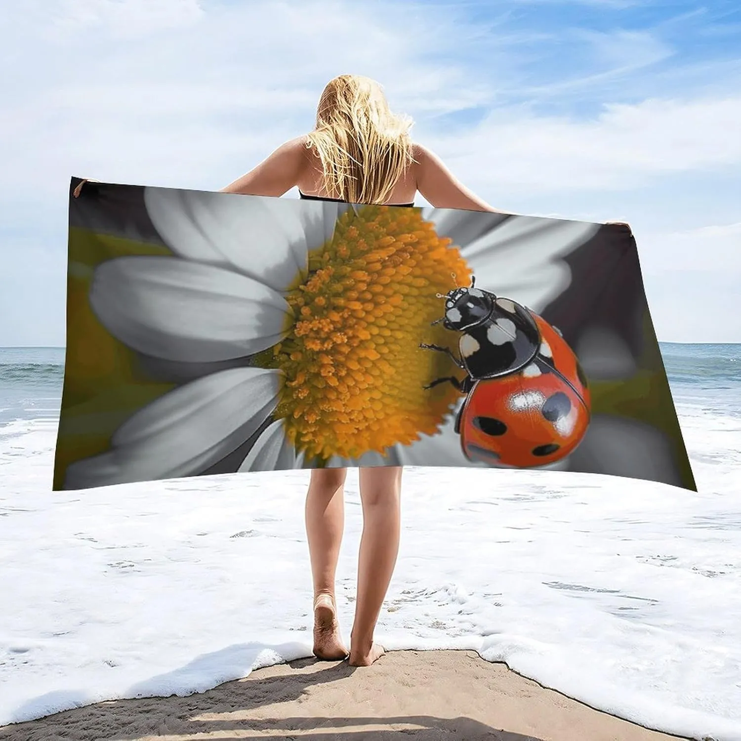 Beach Towel Ladybug Daisy Microfiber Bath Towels Quick Dry Towel for Swimmers Sand Proof Beach Towels Absorbent Bathroom Towel for Hotel Gym Spa Yoga Bath Towel 31.5"x63"