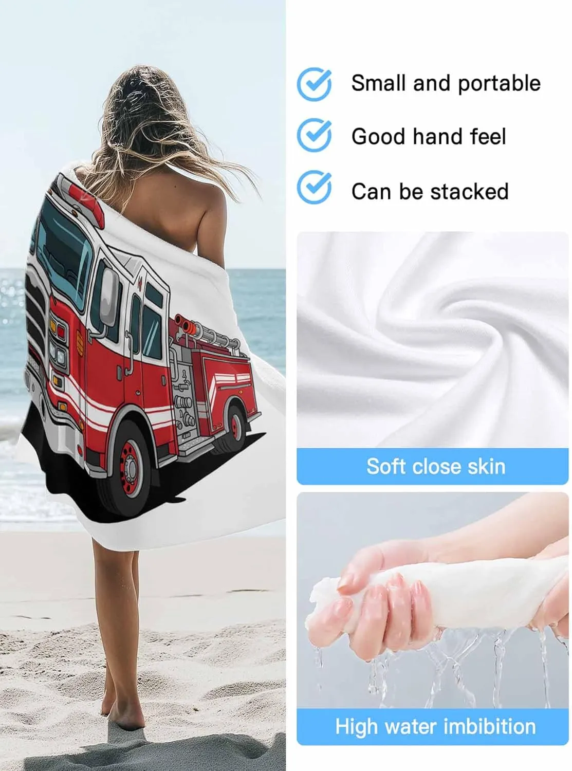Beach Towels Red Car Truck Oversized Beach Towel Absorbent Lightweight Quick Dry Sand Free Beach Blanket 30"x60", Fire Engine with Emergency Equipments