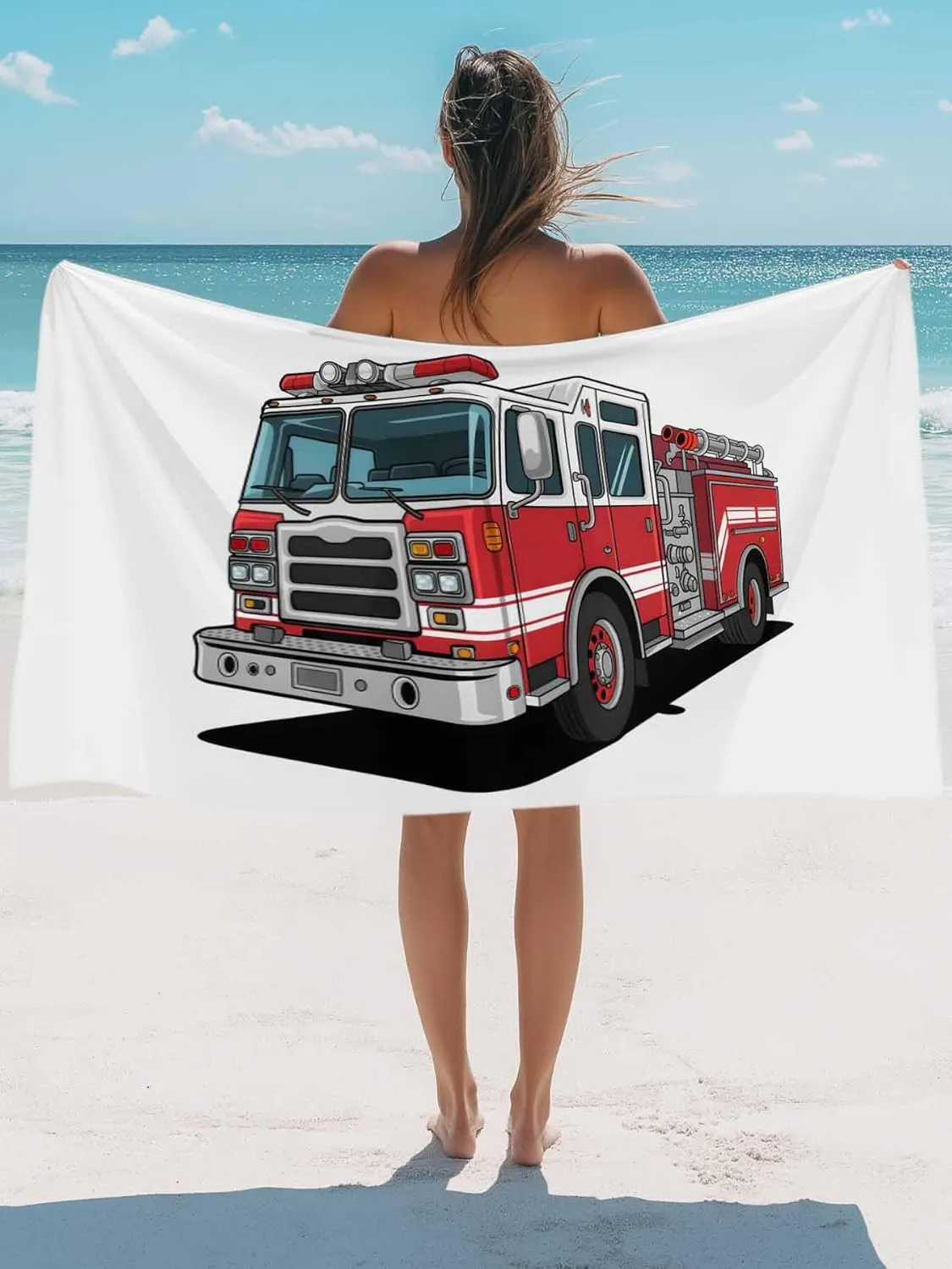 Beach Towels Red Car Truck Oversized Beach Towel Absorbent Lightweight Quick Dry Sand Free Beach Blanket 30"x60", Fire Engine with Emergency Equipments