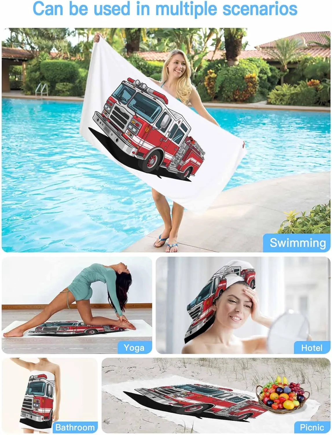 Beach Towels Red Car Truck Oversized Beach Towel Absorbent Lightweight Quick Dry Sand Free Beach Blanket 30"x60", Fire Engine with Emergency Equipments