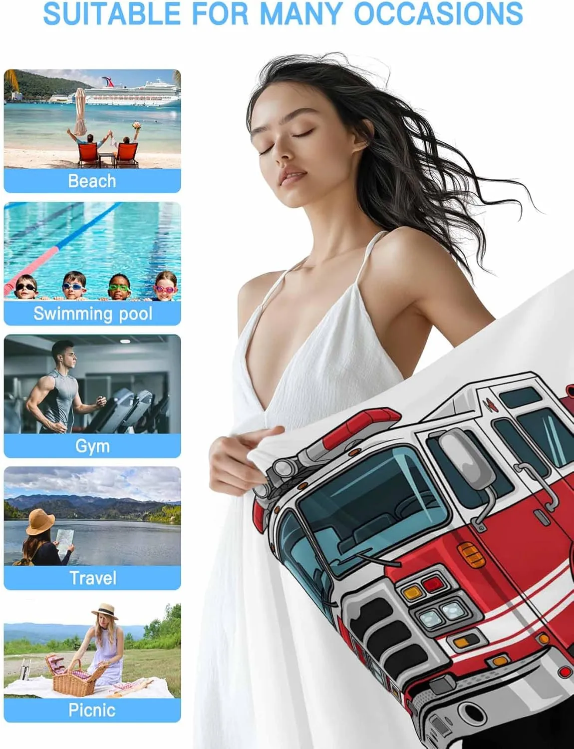 Beach Towels Red Car Truck Oversized Beach Towel Absorbent Lightweight Quick Dry Sand Free Beach Blanket 30"x60", Fire Engine with Emergency Equipments
