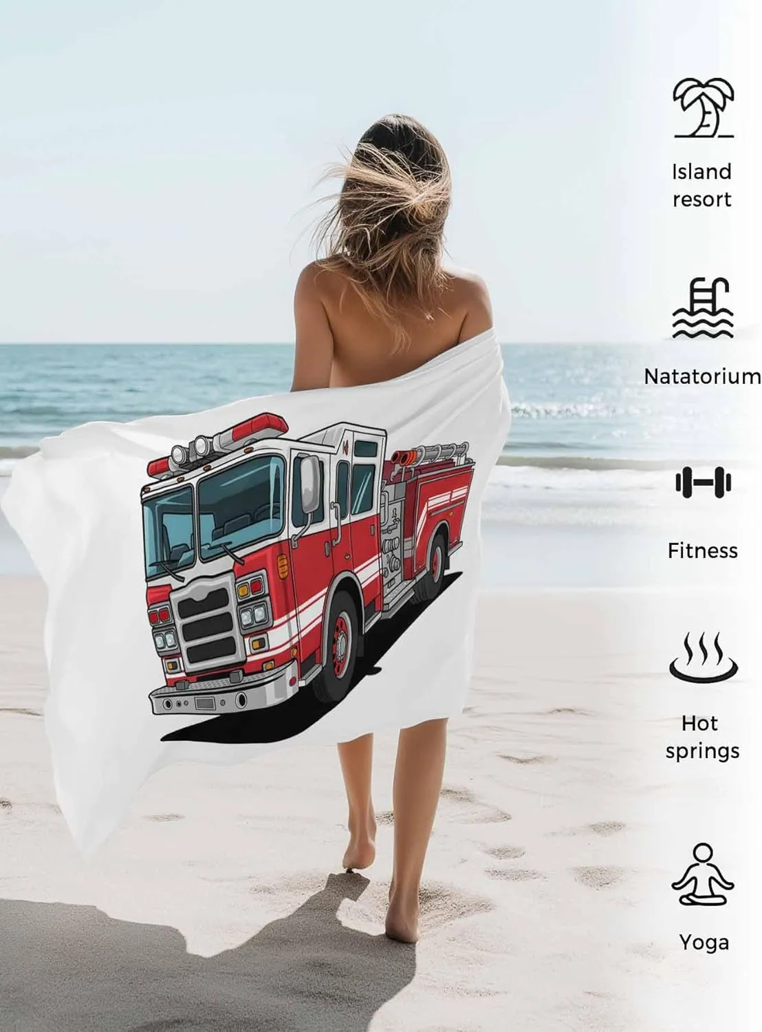 Beach Towels Red Car Truck Oversized Beach Towel Absorbent Lightweight Quick Dry Sand Free Beach Blanket 30"x60", Fire Engine with Emergency Equipments