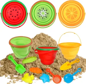 Beach Toys for Kids, Silicone Collapsible Foldable Beach Bucket Travel Beach Toys for Summer Outdoor Camping and Fishing Tub with Sand Molds Shovels Rakes for Toddlers Boys Girls 2.5L 3PCS