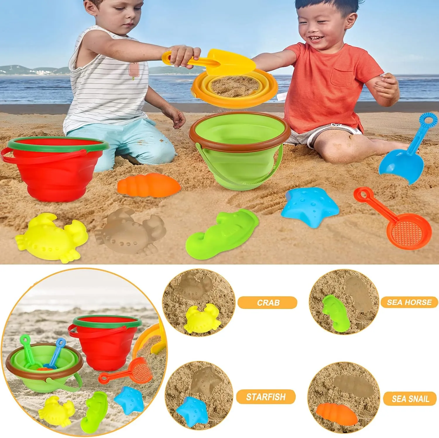 Beach Toys for Kids, Silicone Collapsible Foldable Beach Bucket Travel Beach Toys for Summer Outdoor Camping and Fishing Tub with Sand Molds Shovels Rakes for Toddlers Boys Girls 2.5L 3PCS