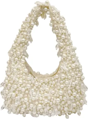 Beaded Pearl Shoulder Bags for Women White Purse Summer Beaded Bag Handmade Hobo Handbag Evening Purse