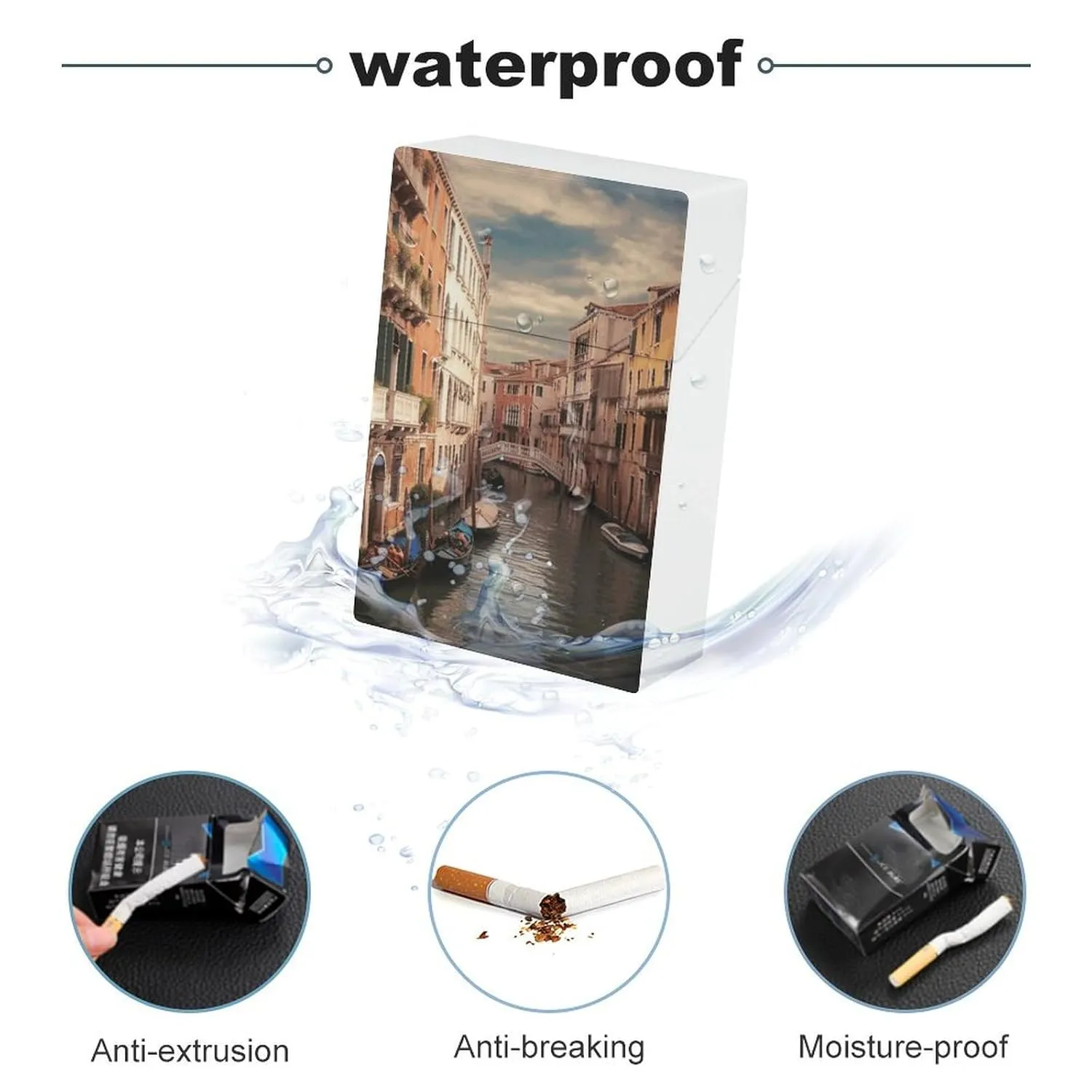 Beautiful Venice Canal View Cigarette Case Waterproof Crush-Proof Cigarette Holder Case Compact Travel Cigar Holder for 20 Cigarettes, Durable Scratch-Resistant Design for Men & Women
