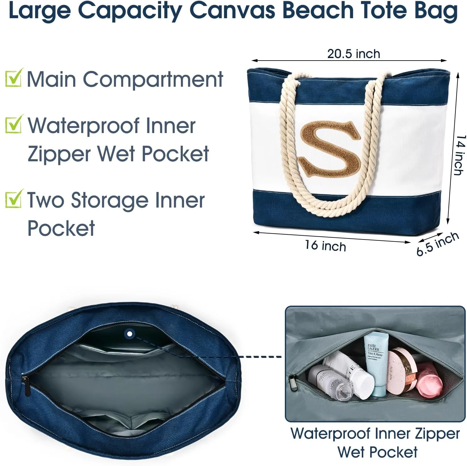 Becokan Initial Beach Bag Waterproof Canvas Beach Tote Bag Zipper Personalized Gifts for Women Her Birthday Travel Essentials