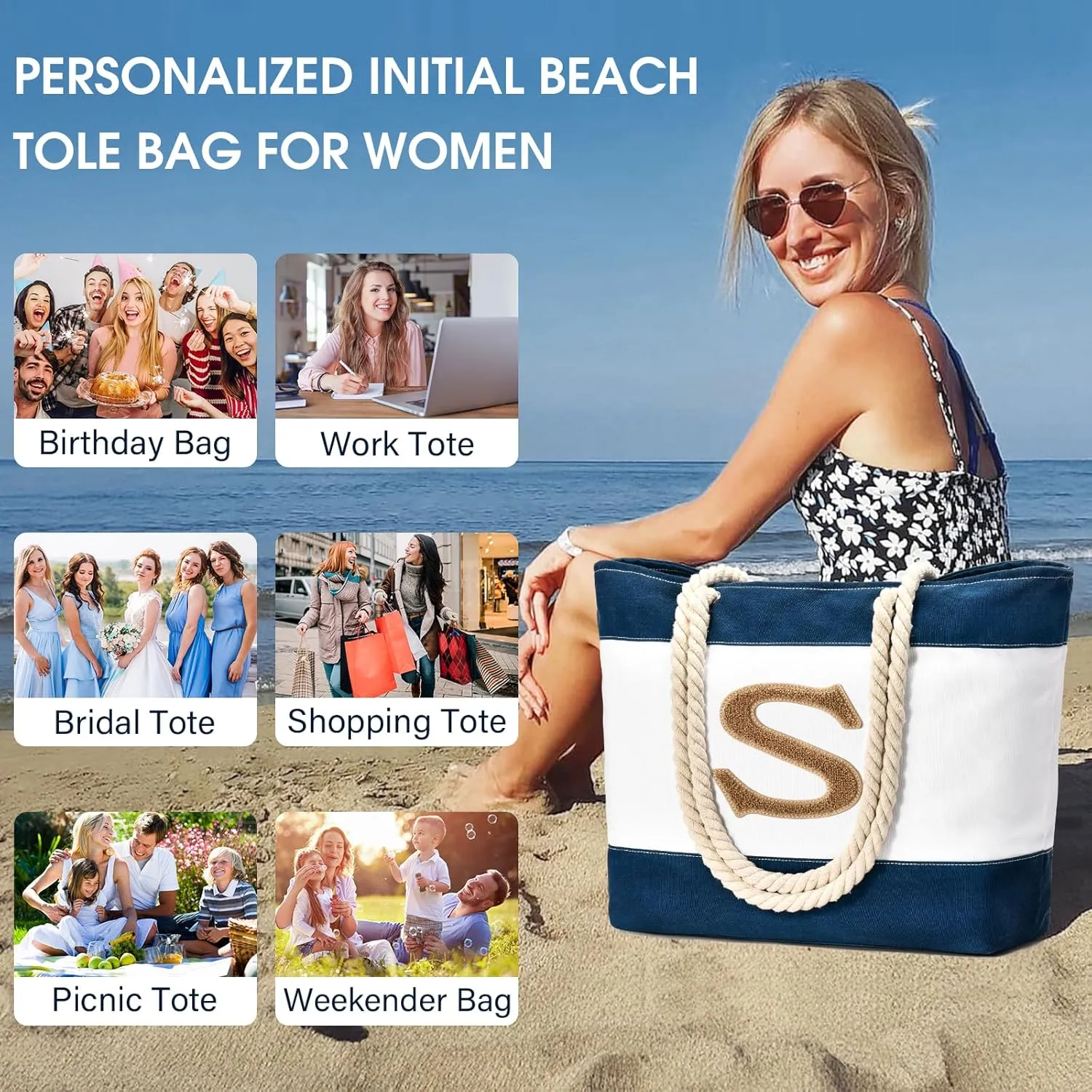 Becokan Initial Beach Bag Waterproof Canvas Beach Tote Bag Zipper Personalized Gifts for Women Her Birthday Travel Essentials