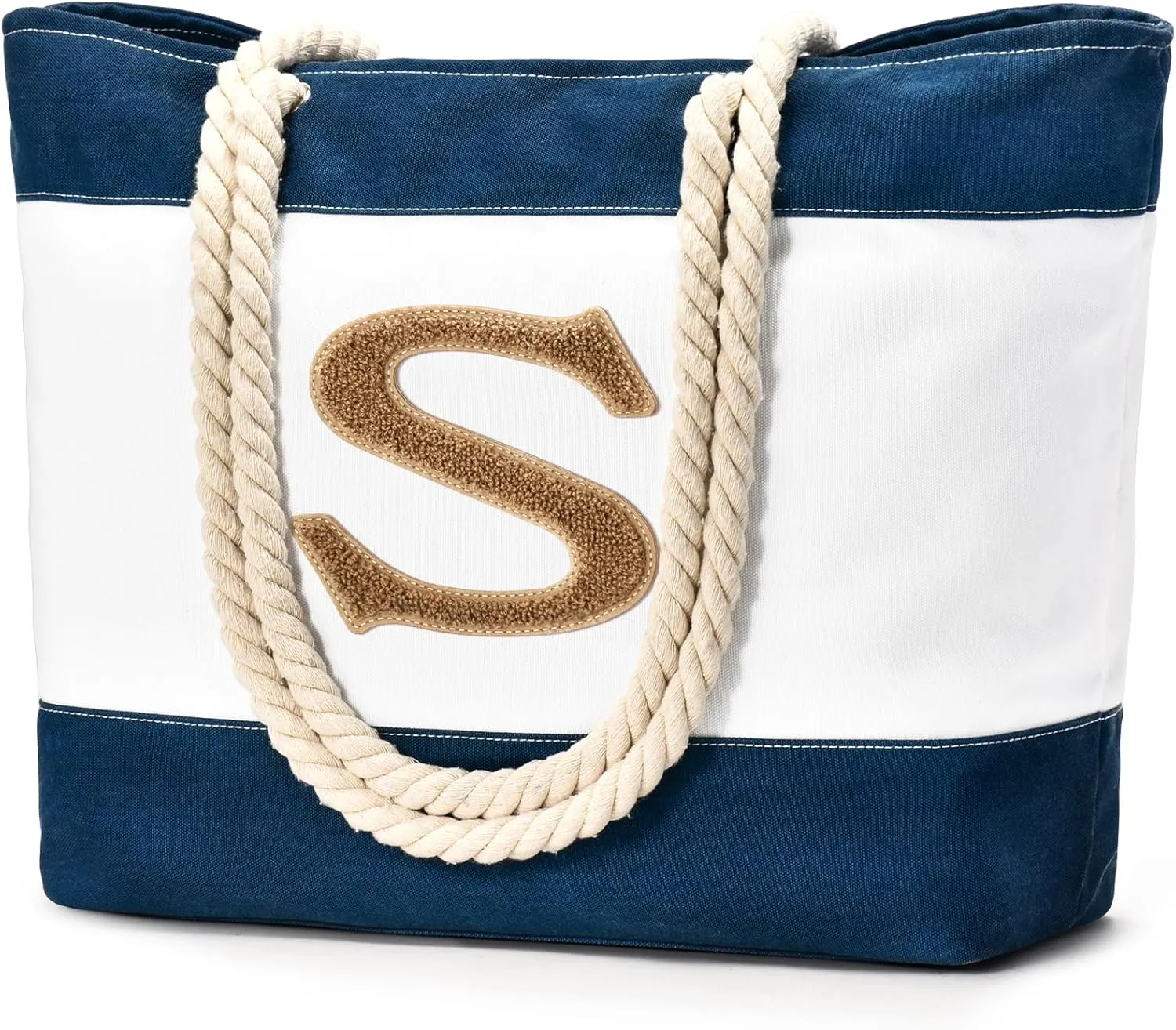 Becokan Initial Beach Bag Waterproof Canvas Beach Tote Bag Zipper Personalized Gifts for Women Her Birthday Travel Essentials